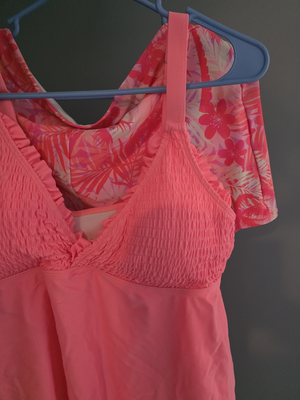 Coral Pink Smocked Two-Piece Swimsuit (Tankini)